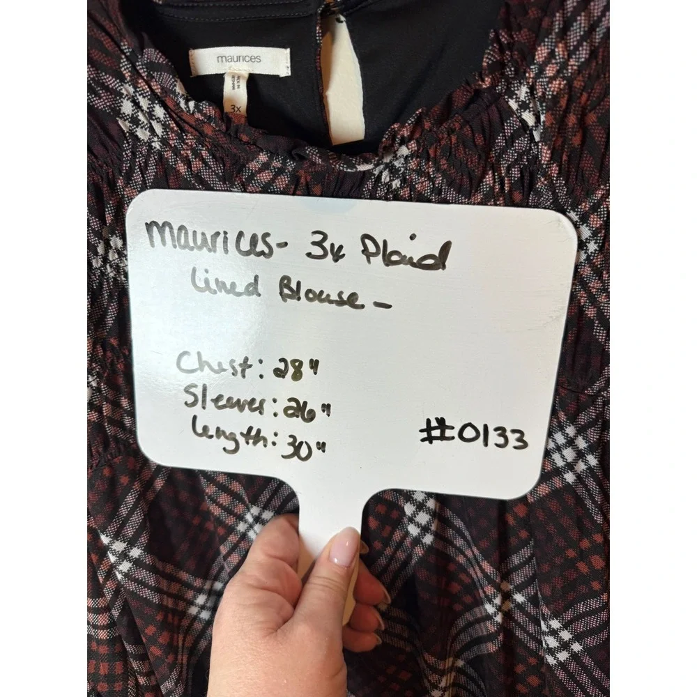 Maurices Women 3X Brown Plaid Smocked Yoke Ruffle Neck Long Sleeve Blouse Top - Picture 9 of 9